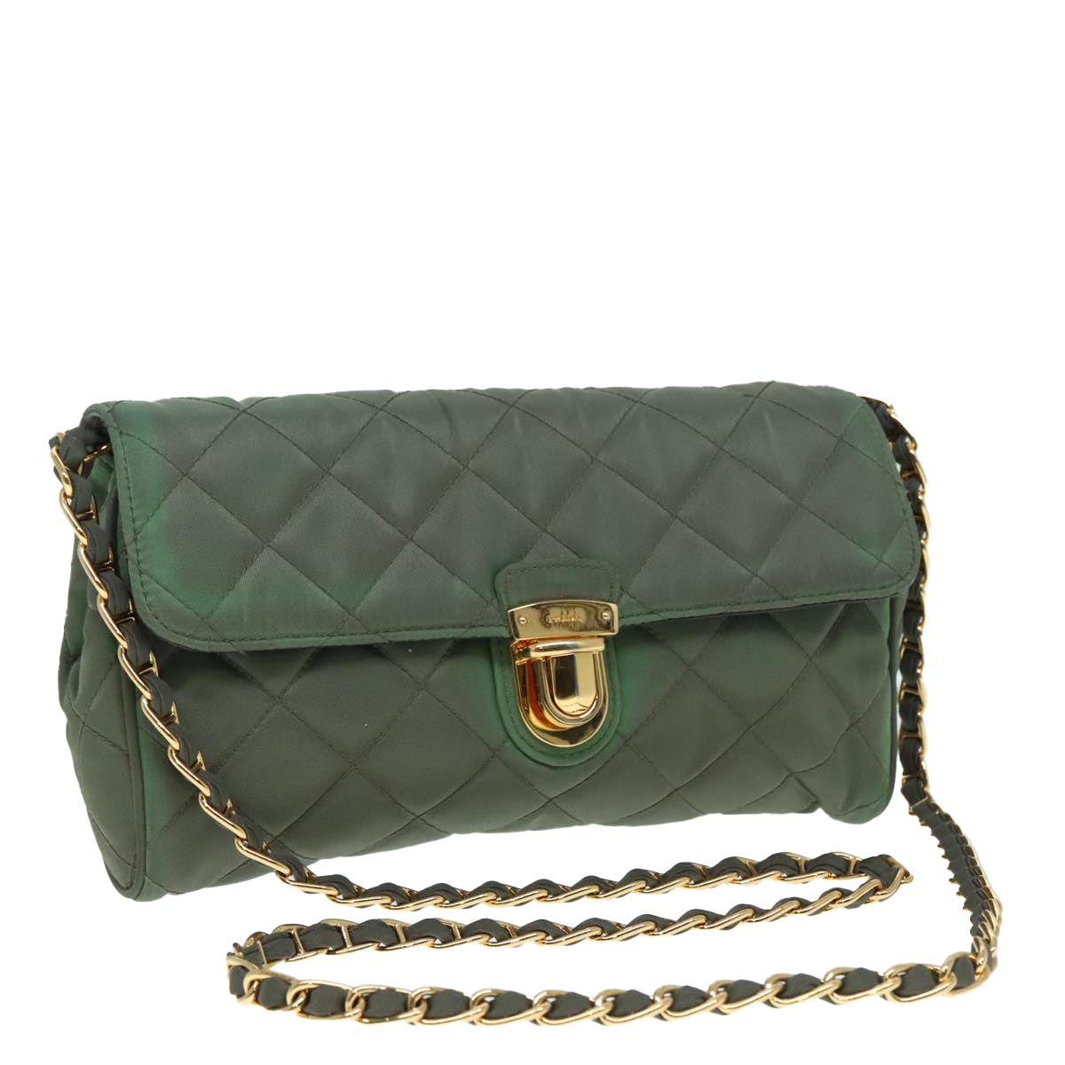 Luxury Prada Chain Quilted Shoulder Bag Nylon Khaki Gold  90227