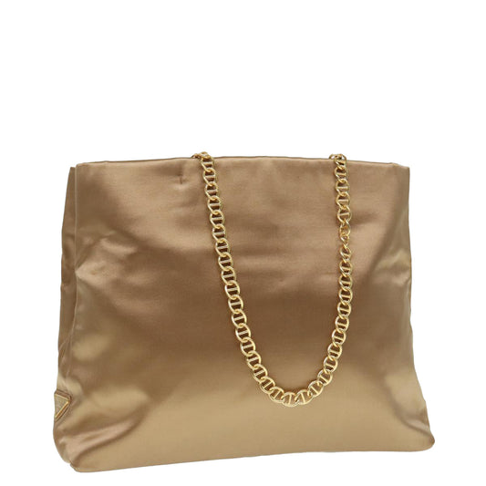 Luxury Prada Chain Tote Bag Nylon Brown Gold  90267