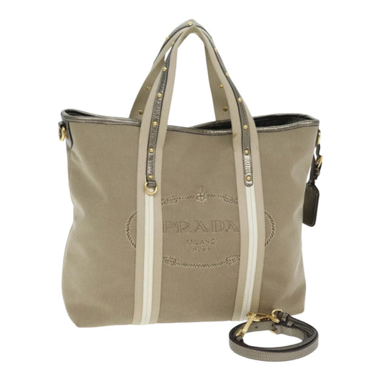 Luxury Prada Hand Bag Canvas 2way Beige Gold  90273