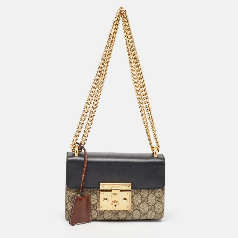 Luxury Gucci Trending 2025 Black/Beige GG Supreme Canvas and Leather Small Padlock Shoulder Bag