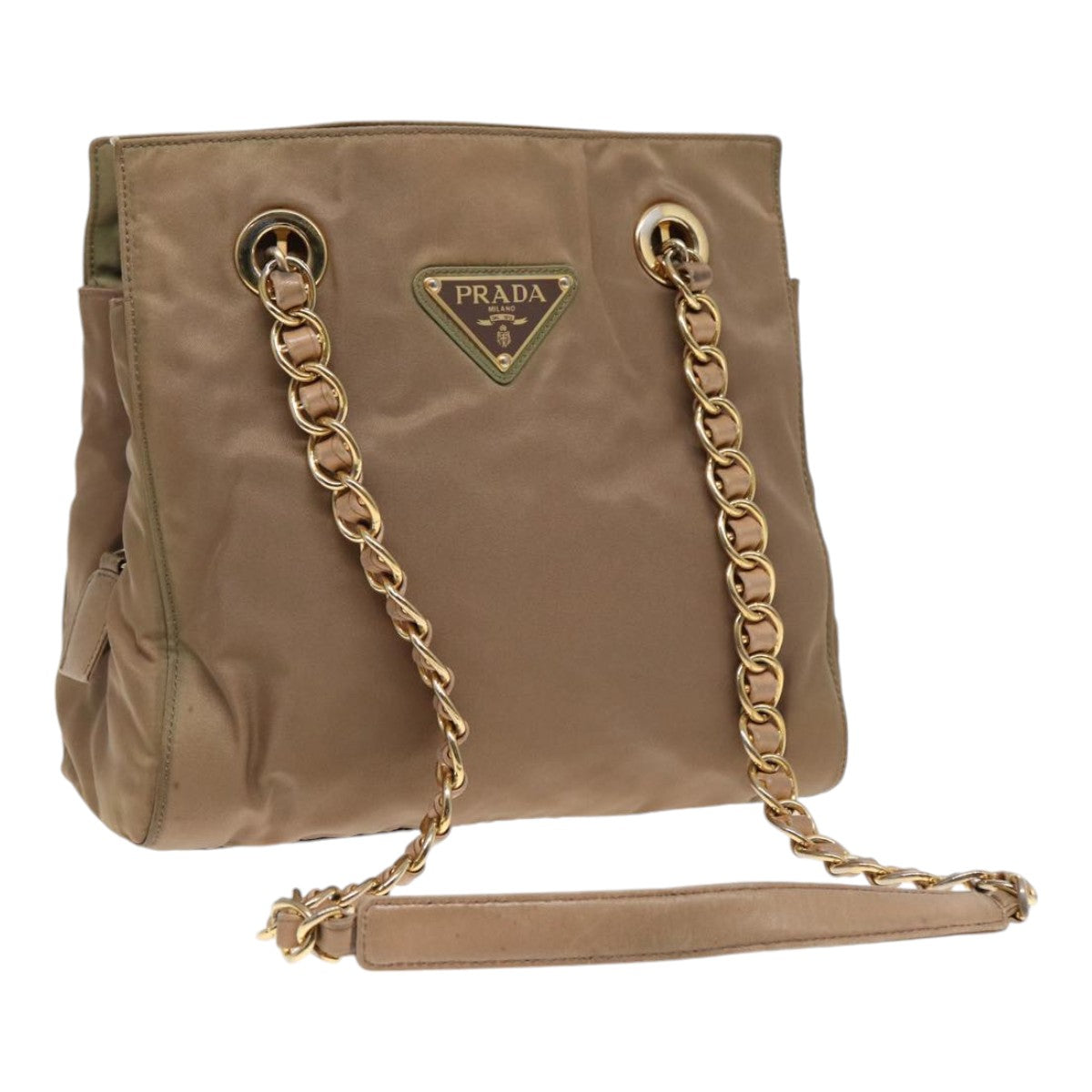 Luxury Prada Chain Shoulder Bag Nylon Beige Gold  90334