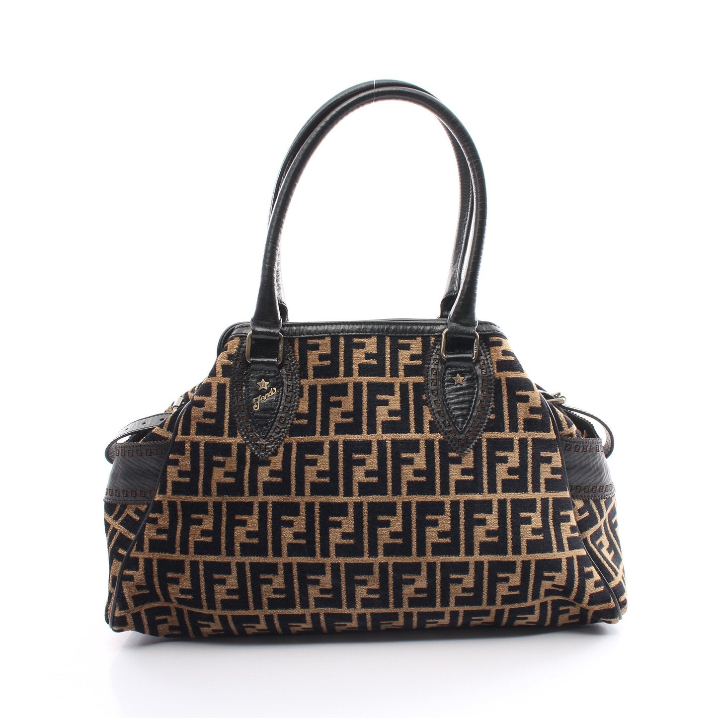 Luxury Fendi Zucca Handbag Fabric Leather Beige Black