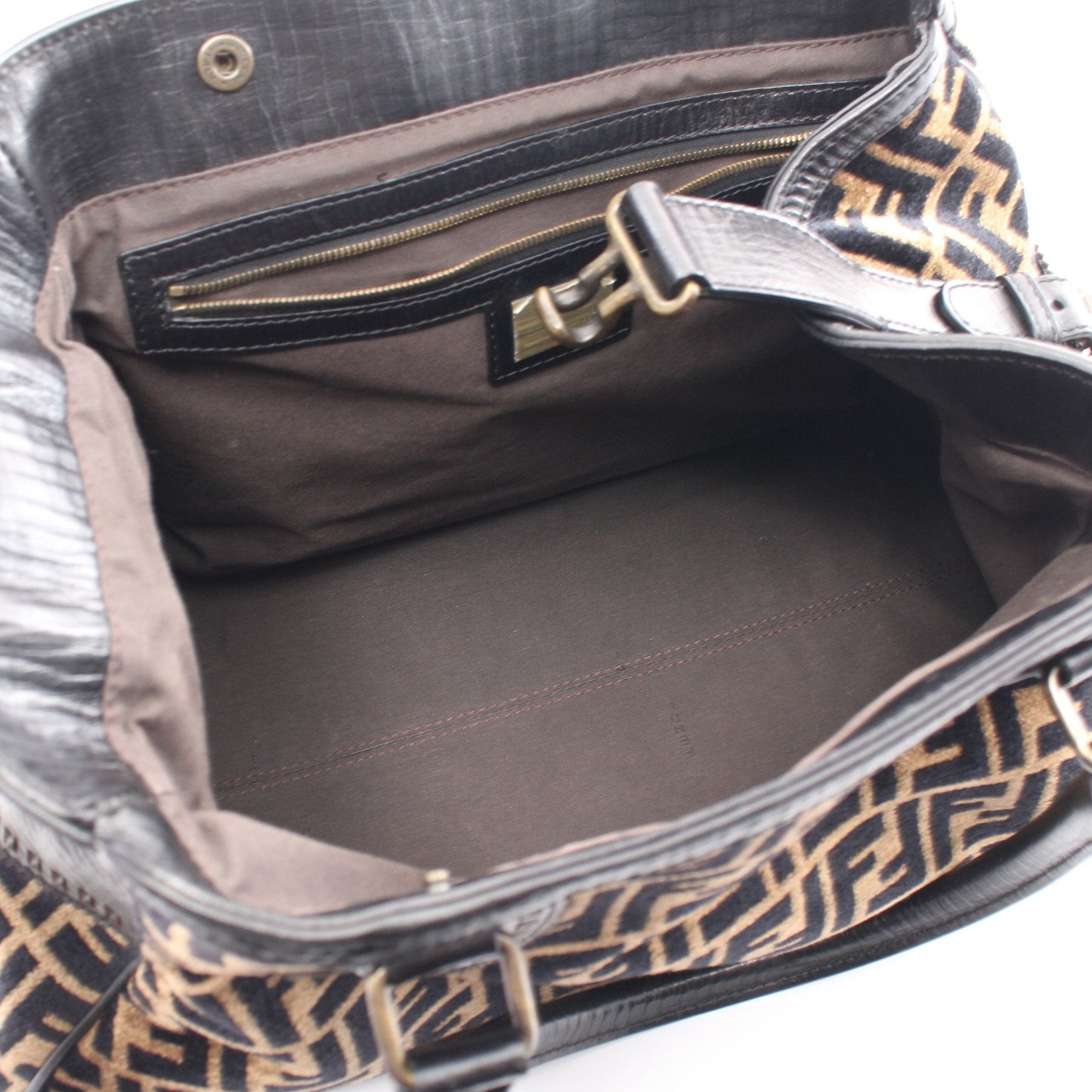 Luxury Fendi Zucca Handbag Fabric Leather Beige Black