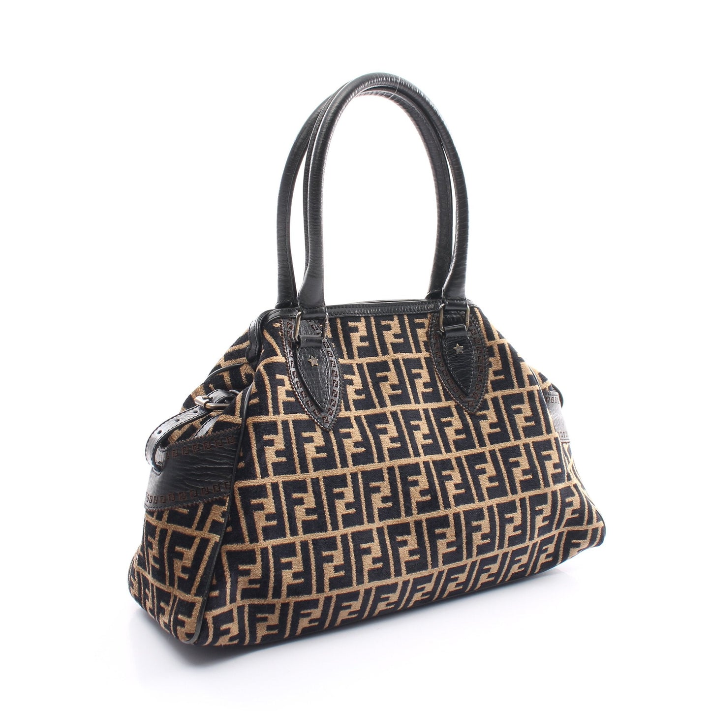 Luxury Fendi Zucca Handbag Fabric Leather Beige Black