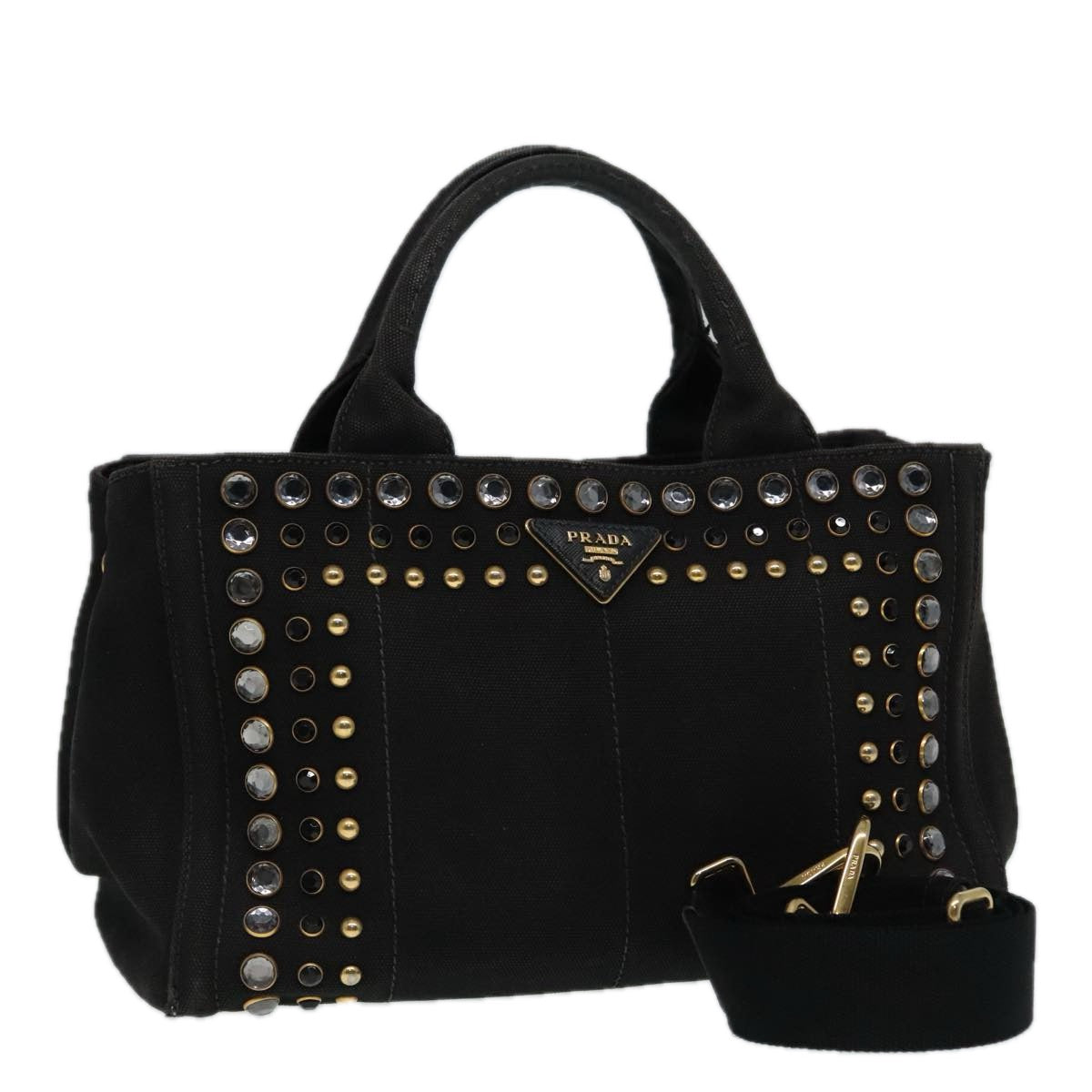 Luxury Prada Bijoux Canapa PM Hand Bag Canvas 2way Black Gold  90474