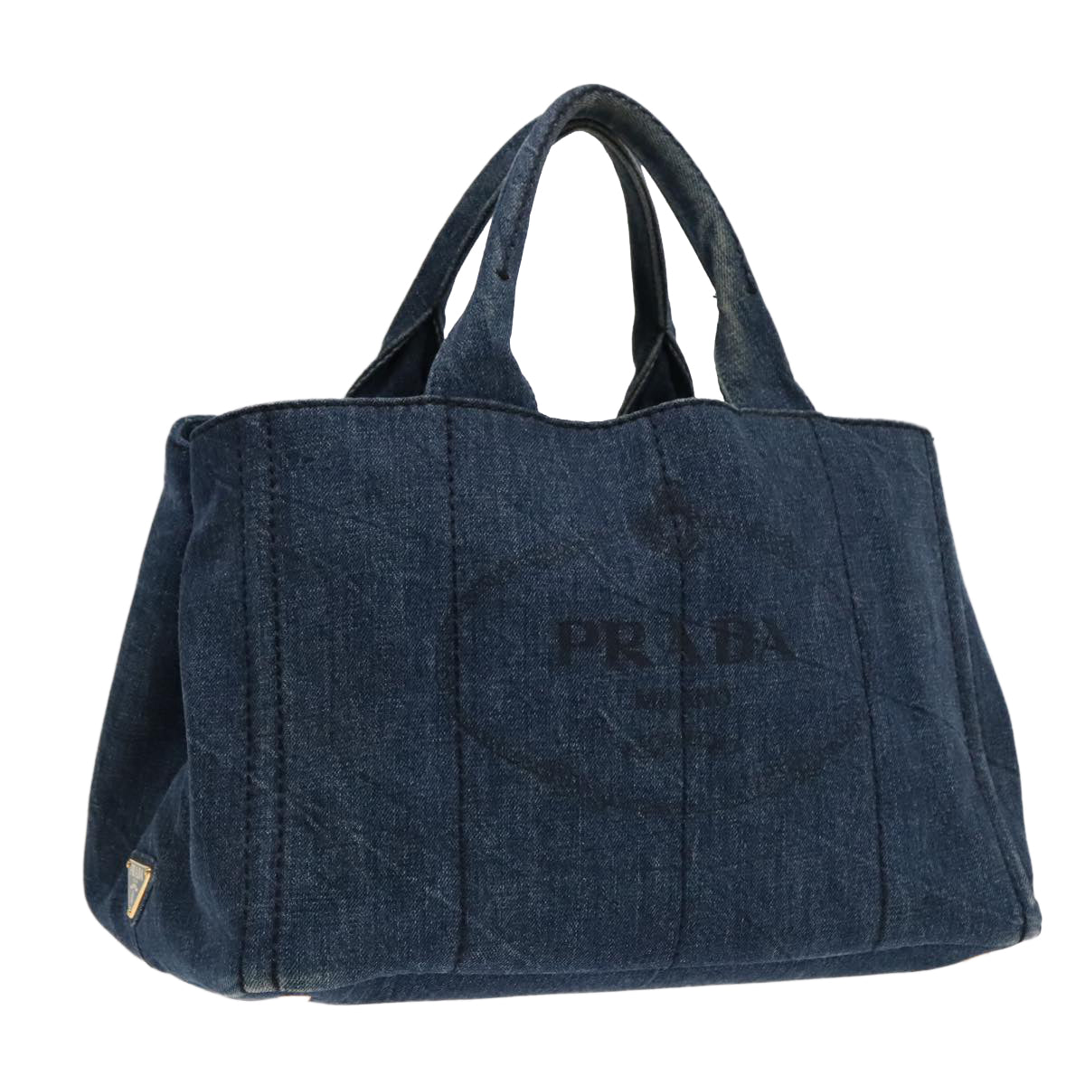 Luxury Prada Canapa MM Hand Bag Denim Blue Gold  90567