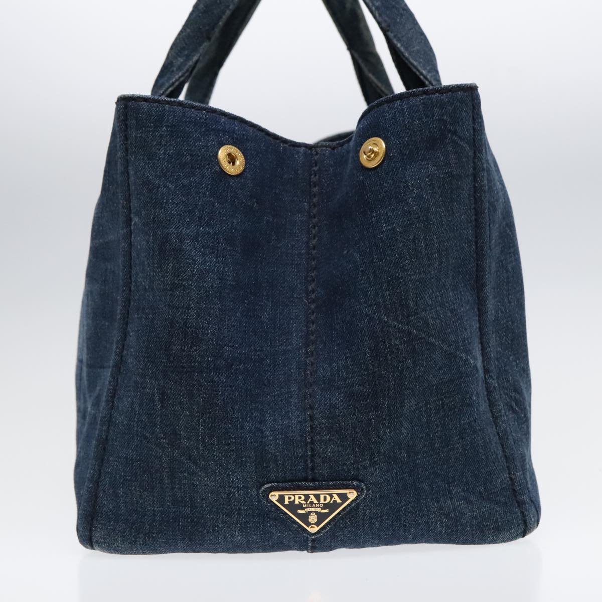Luxury Prada Canapa MM Hand Bag Denim Blue Gold  90567