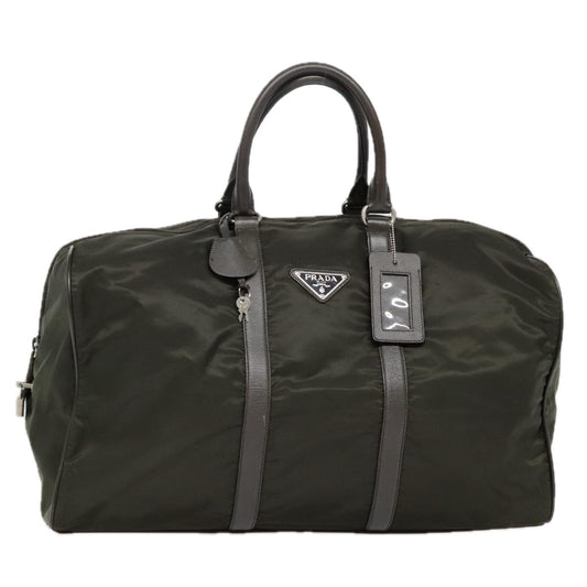 Luxury Prada Boston Bag Nylon Leather Khaki Dark Brown Silver  90569