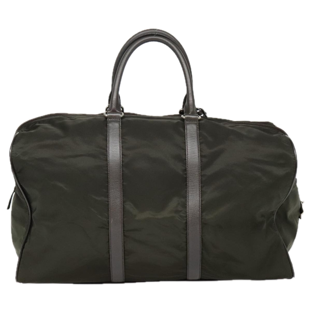Luxury Prada Boston Bag Nylon Leather Khaki Dark Brown Silver  90569