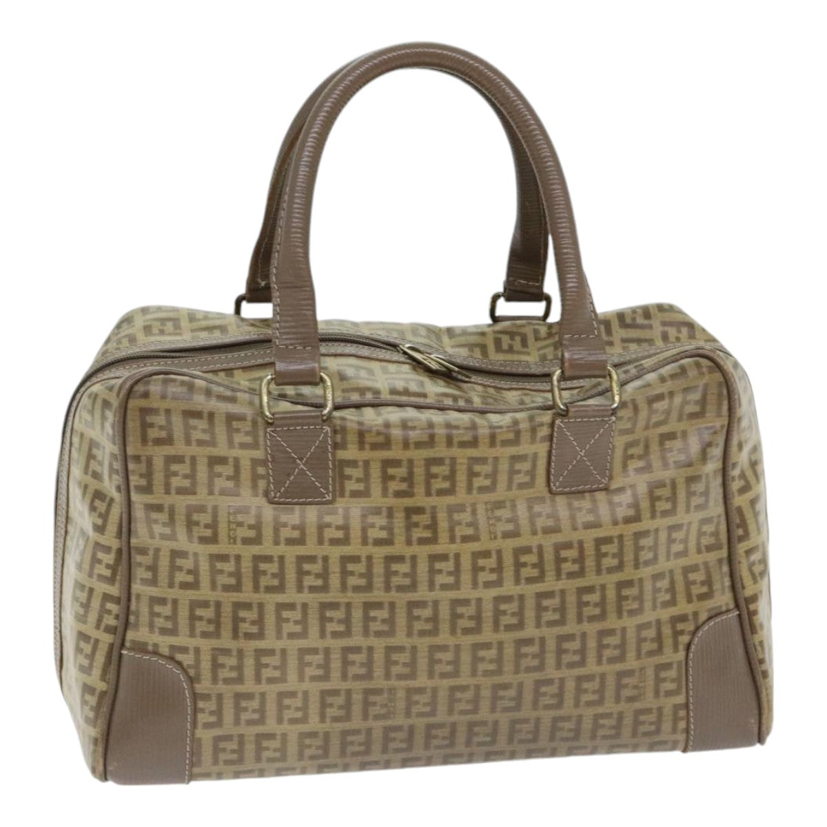 Luxury Fendi Zucchino Canvas Hand Bag Vintage Brown Gold90592
