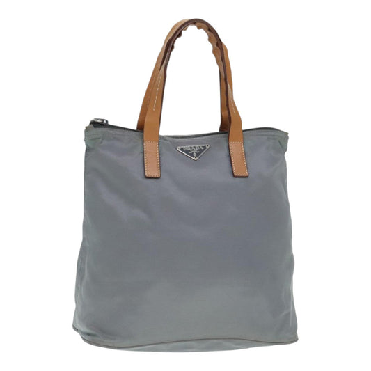 Luxury Prada Hand Bag Nylon Leather Gray Brown Silver  90607