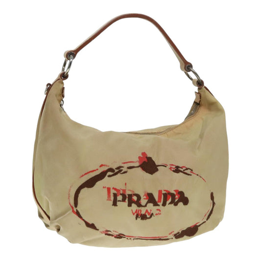 Luxury Prada Shoulder Bag Nylon Leather Beige Silver  90608