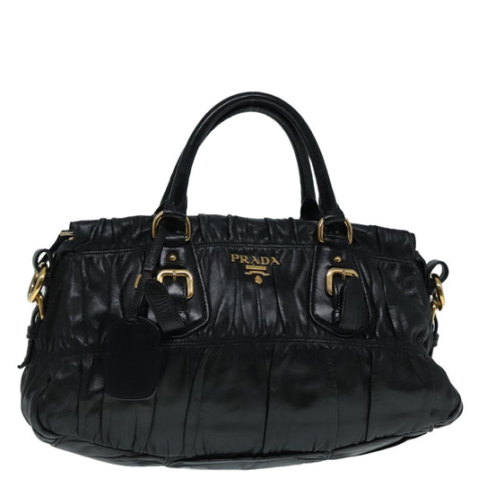 Luxury Prada Gathered Hand Bag Leather Black Gold  90639
