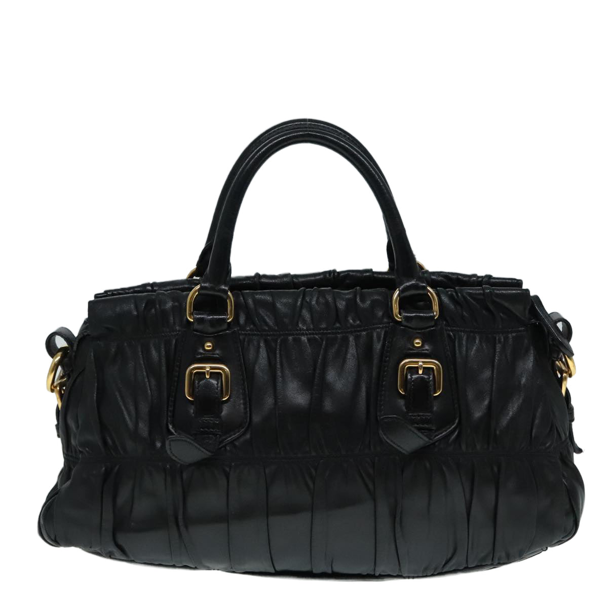 Luxury Prada Gathered Hand Bag Leather Black Gold  90639