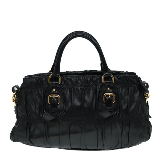Luxury Prada Gathered Hand Bag Leather Black Gold  90639