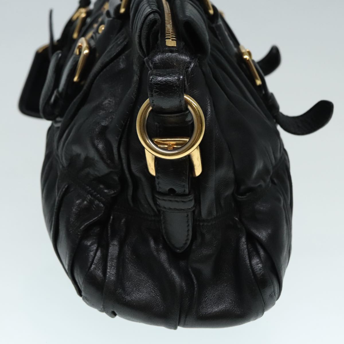 Luxury Prada Gathered Hand Bag Leather Black Gold  90639