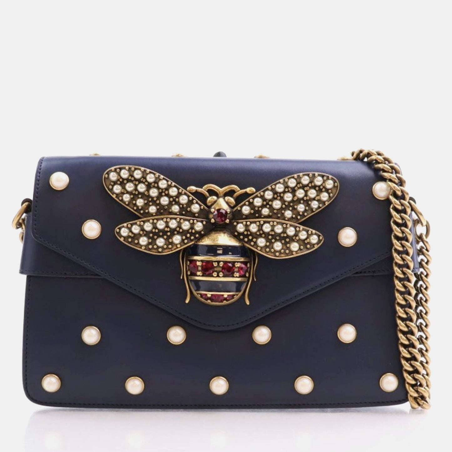 Luxury Gucci Trending 2025 Blue Leather Broadway Pearly Bee Shoulder Bag