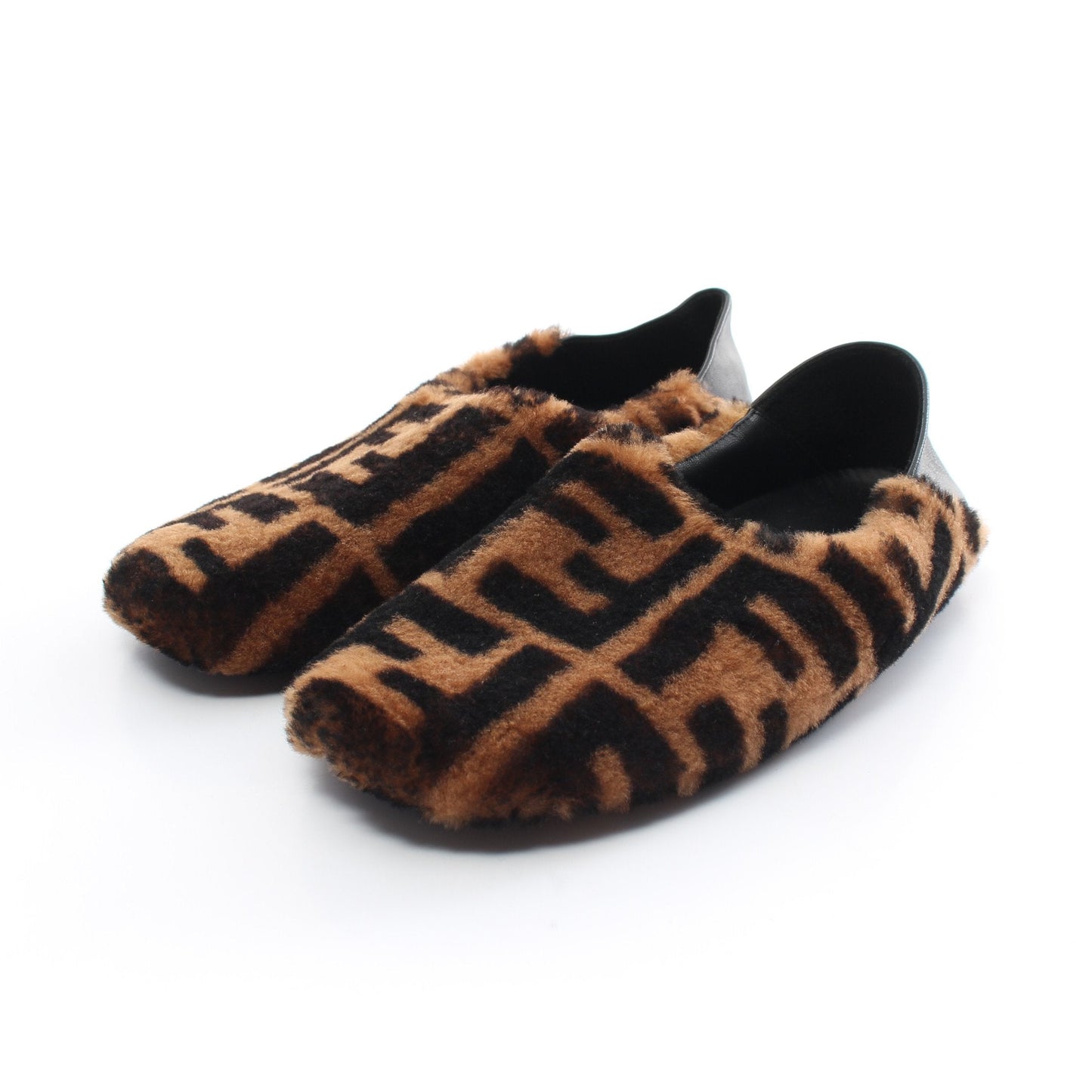 Luxury Fendi Zucca Room shoes Flat shoes Boa Fabric Leather Light brown Black