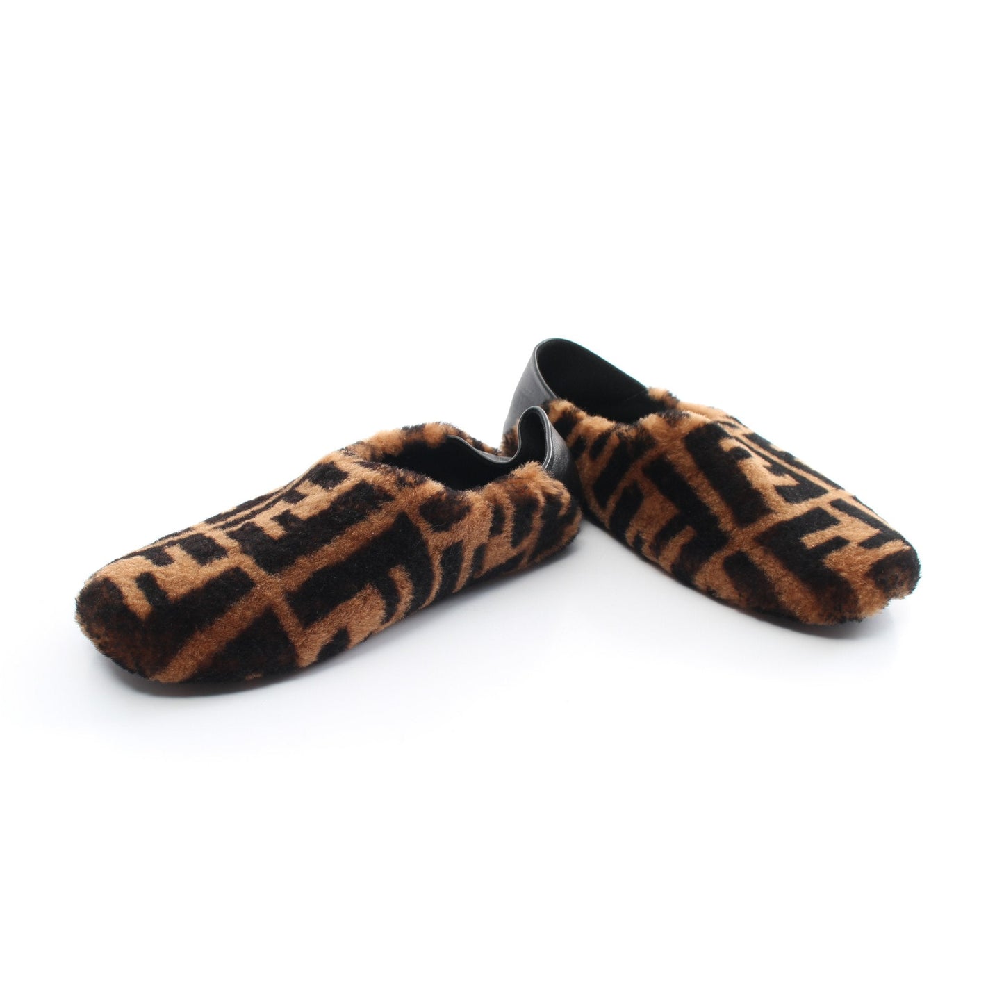 Luxury Fendi Zucca Room shoes Flat shoes Boa Fabric Leather Light brown Black