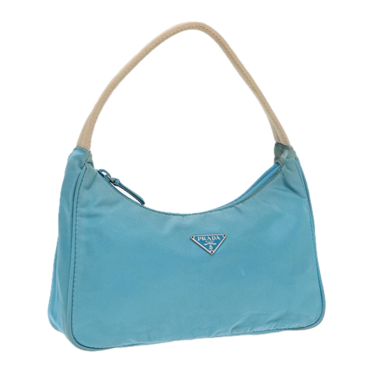 Luxury Prada Hand Bag Nylon Light Blue Beige Silver  91237