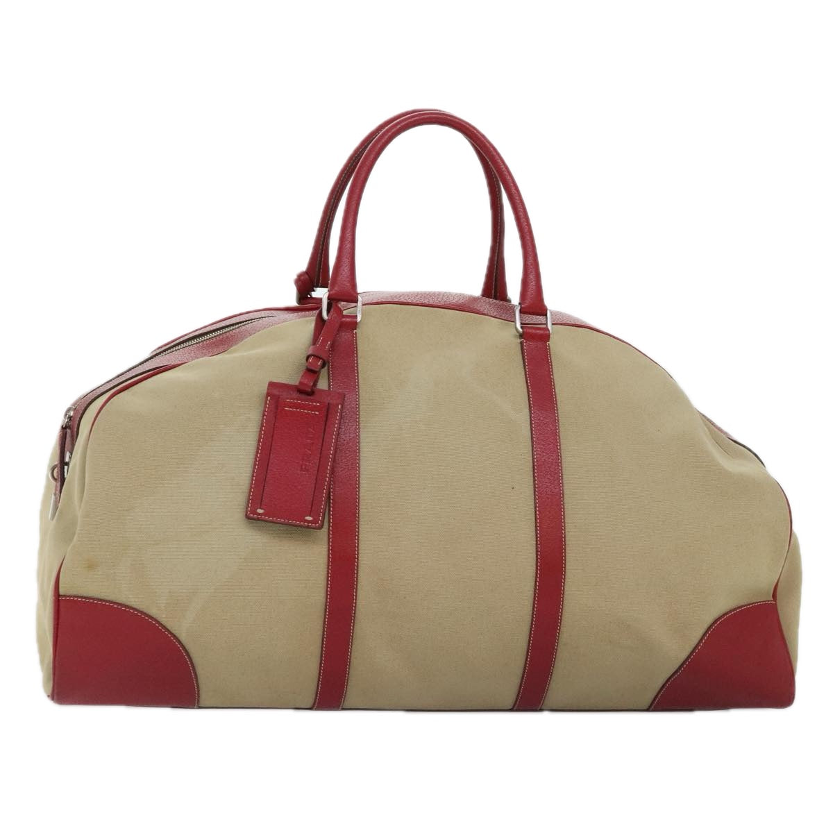 Luxury Prada Boston Bag Canvas Leather Beige Red Silver  91240