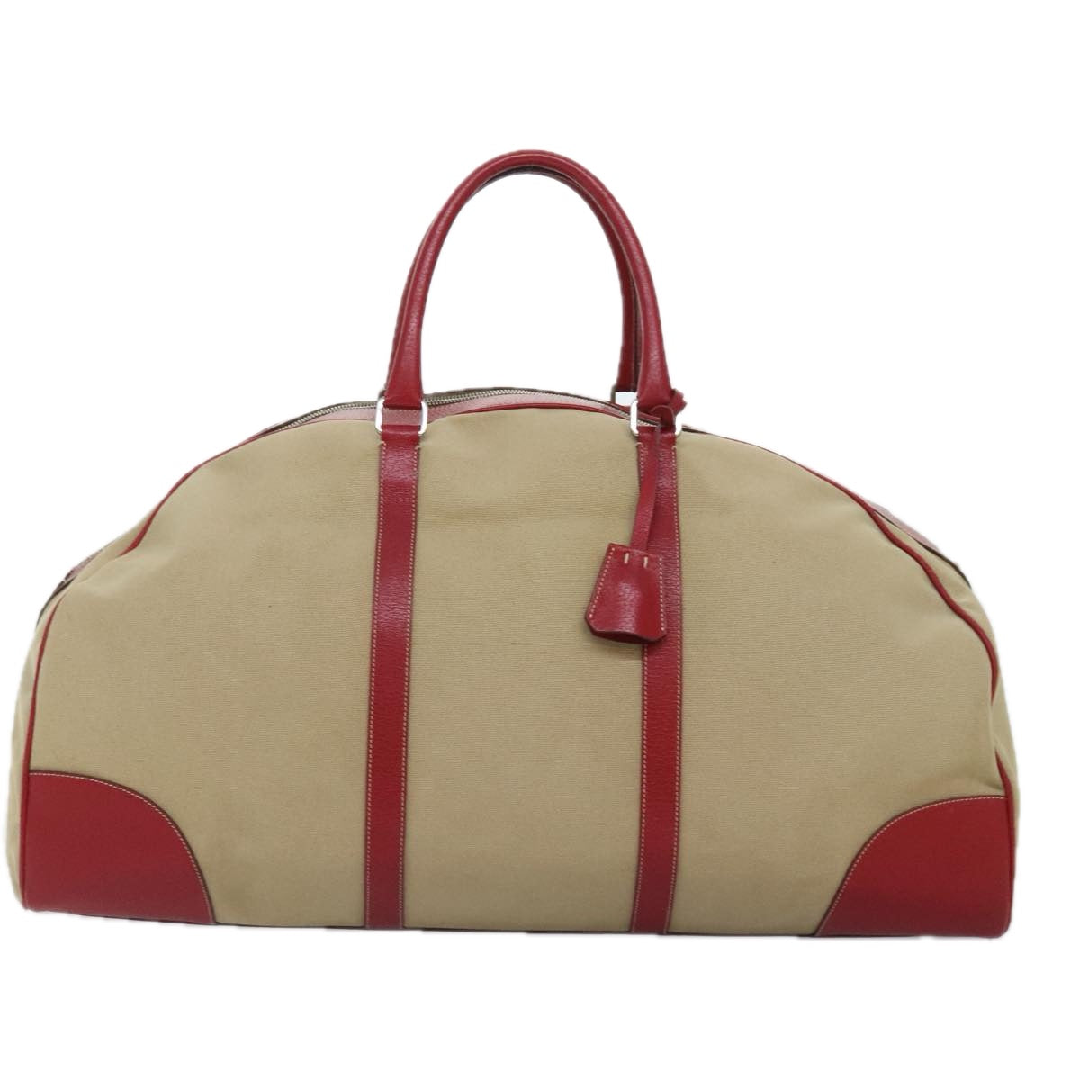 Luxury Prada Boston Bag Canvas Leather Beige Red Silver  91240