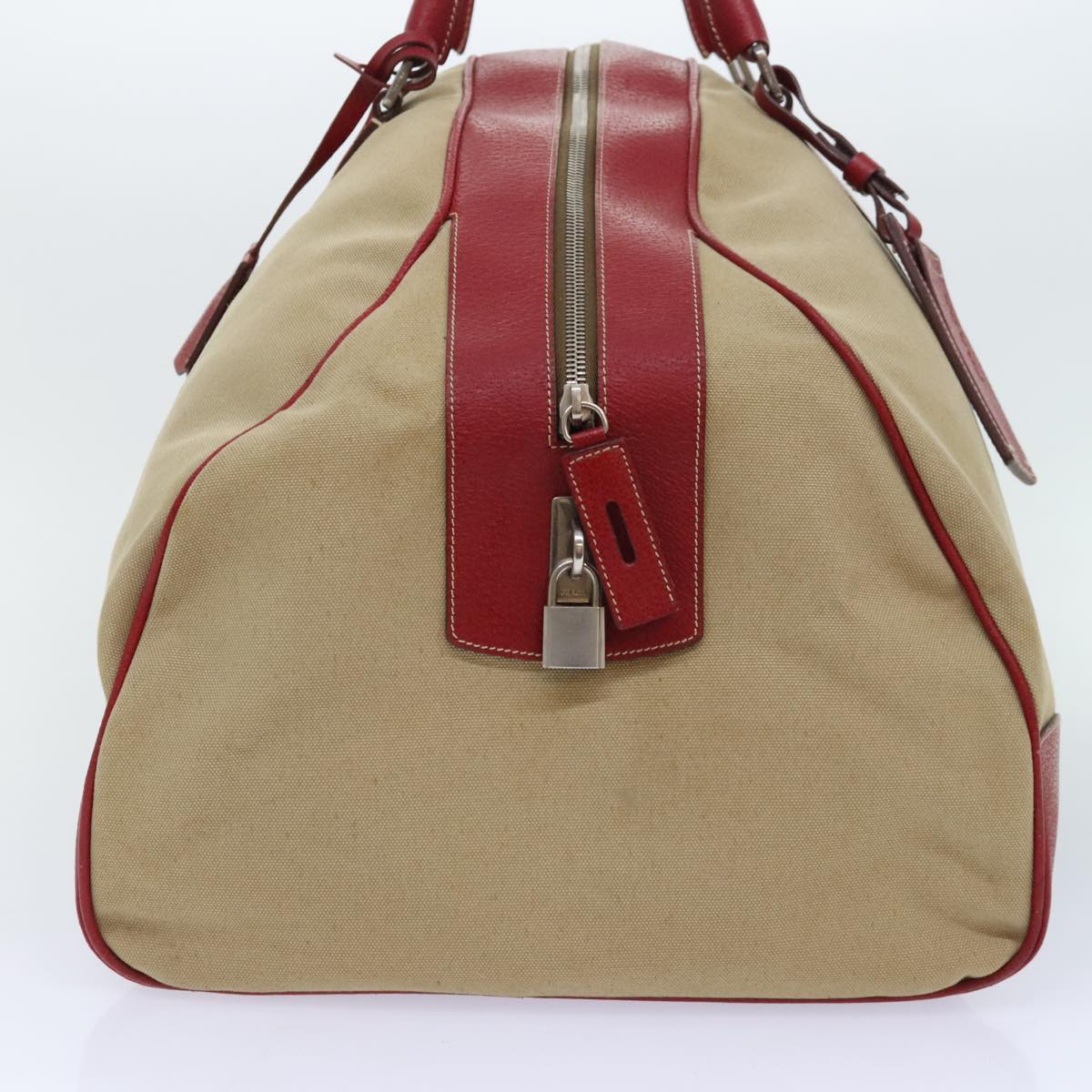 Luxury Prada Boston Bag Canvas Leather Beige Red Silver  91240