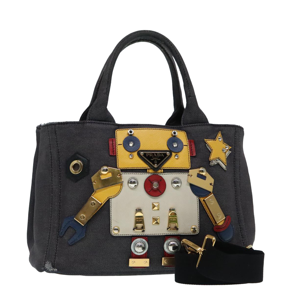 Luxury Prada Canapa PM Robot Hand Bag Canvas 2way Purple Gold  91244