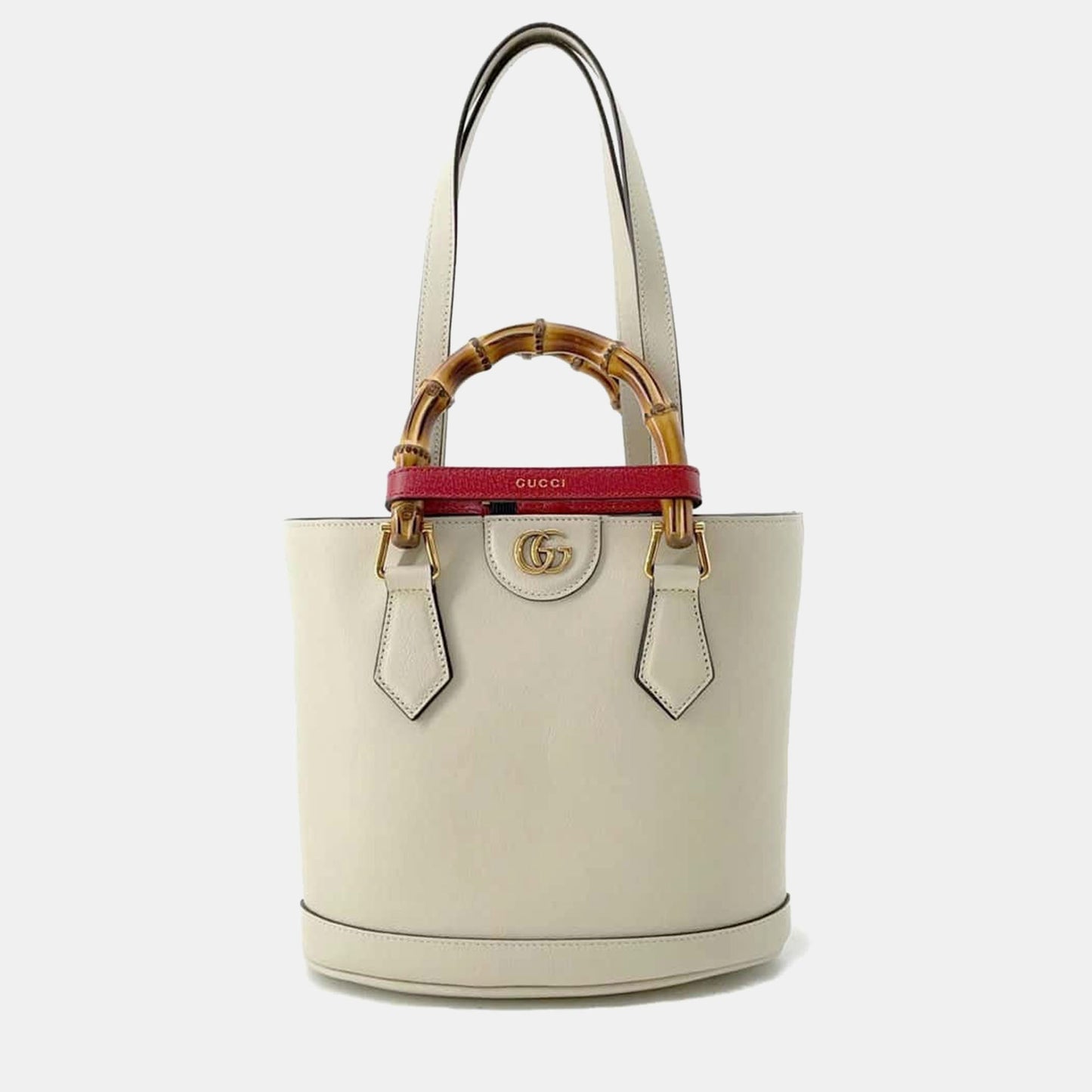 Luxury Gucci Trending 2025 Cream Leather Small Bamboo Diana Bucket Bag