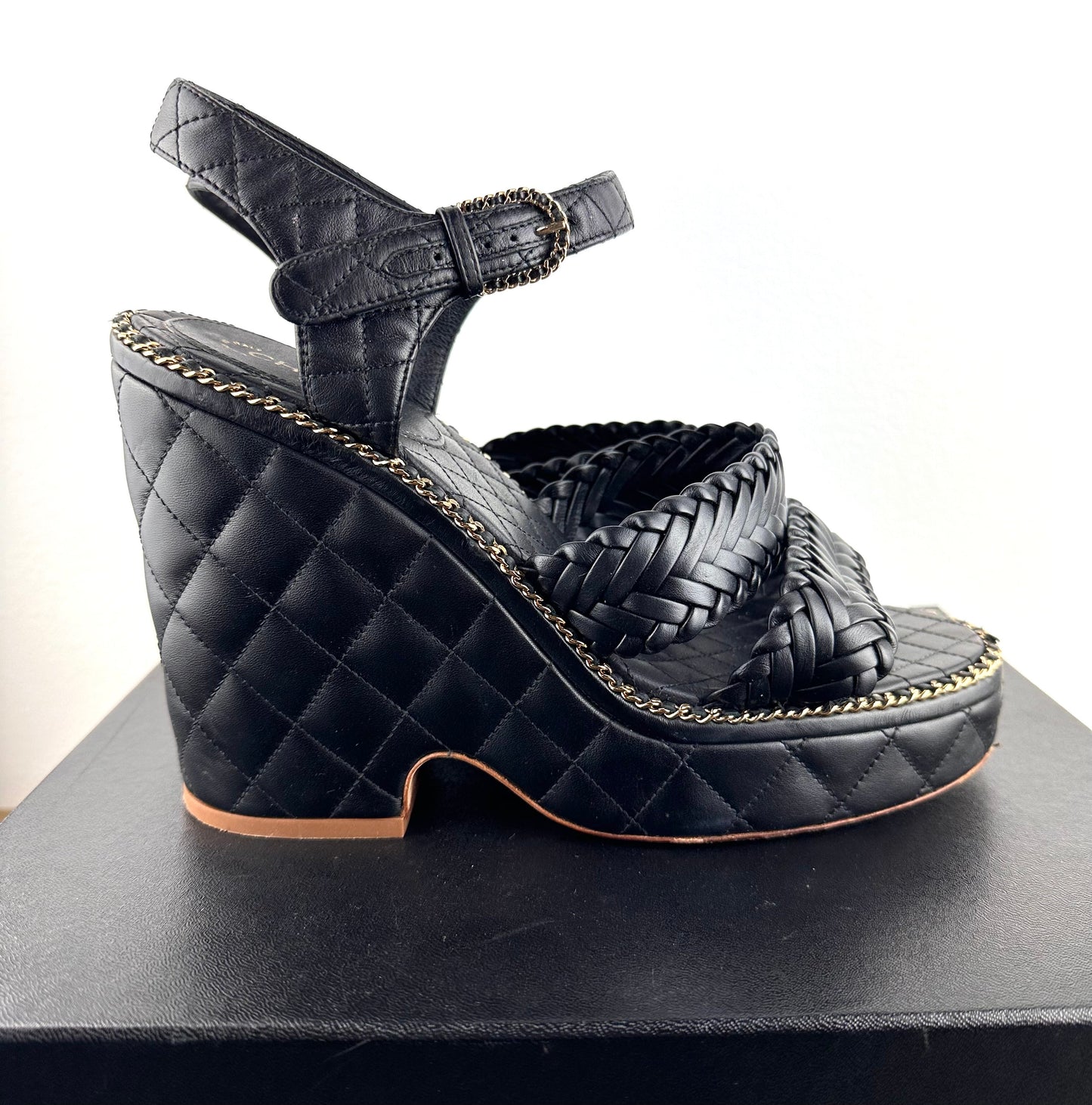 Chanel black and gold Calfskin Sandals