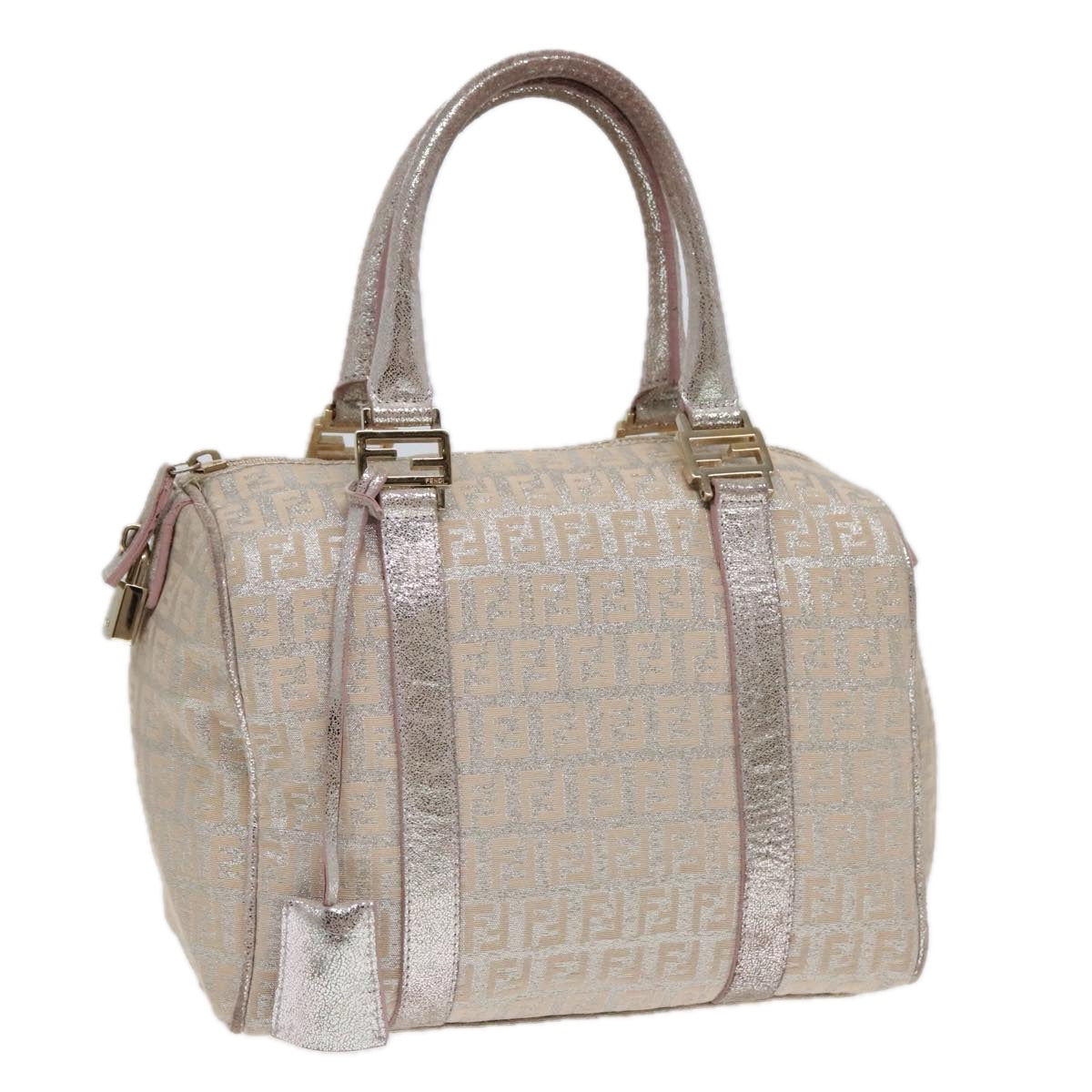 Luxury Fendi Zucchino Canvas Boston Bag Silver Beige91810