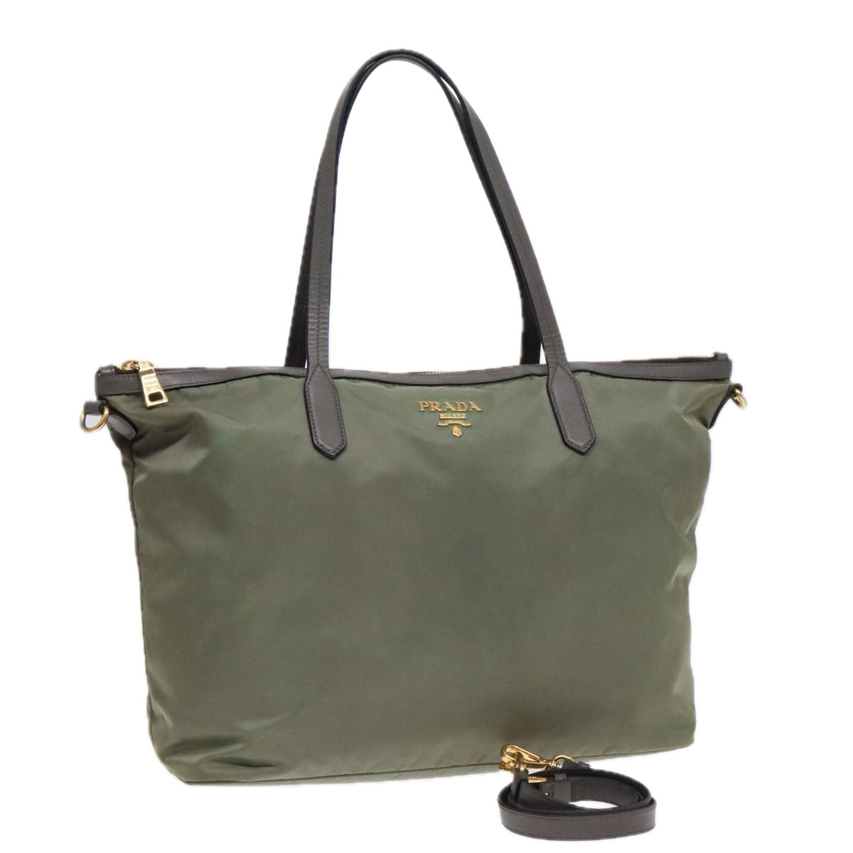 Luxury Prada Tote Bag Nylon Leather Khaki Silver  91836