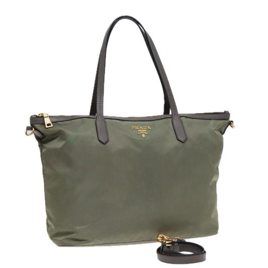 Luxury Prada Tote Bag Nylon Leather Khaki Silver  91836