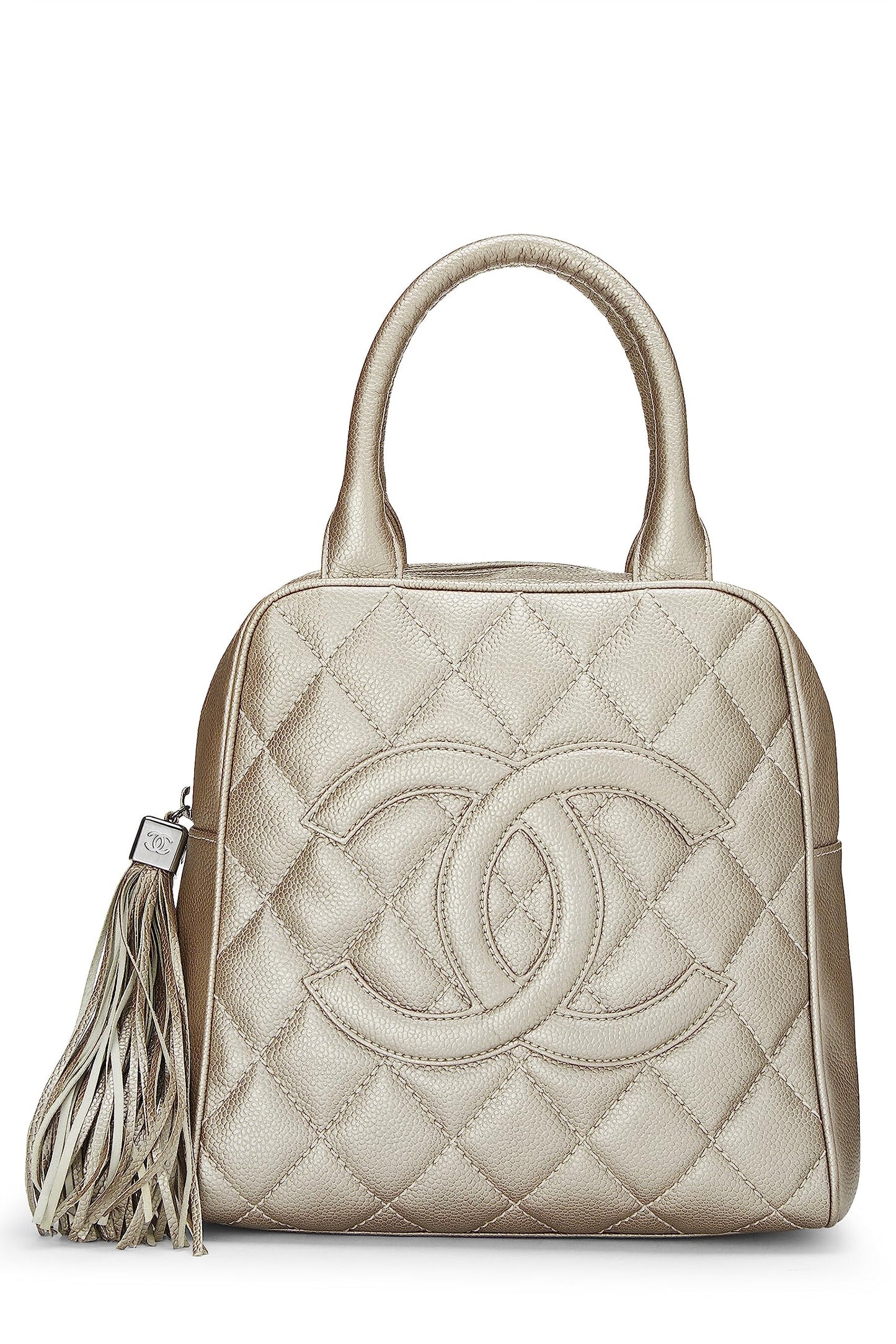 Chanel,  Metallic Silver Quilted Caviar Tassel Handbag, Silver