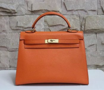 Luxury Hermes Kelly 32cm Epsom Leather Handbag Orange Gold