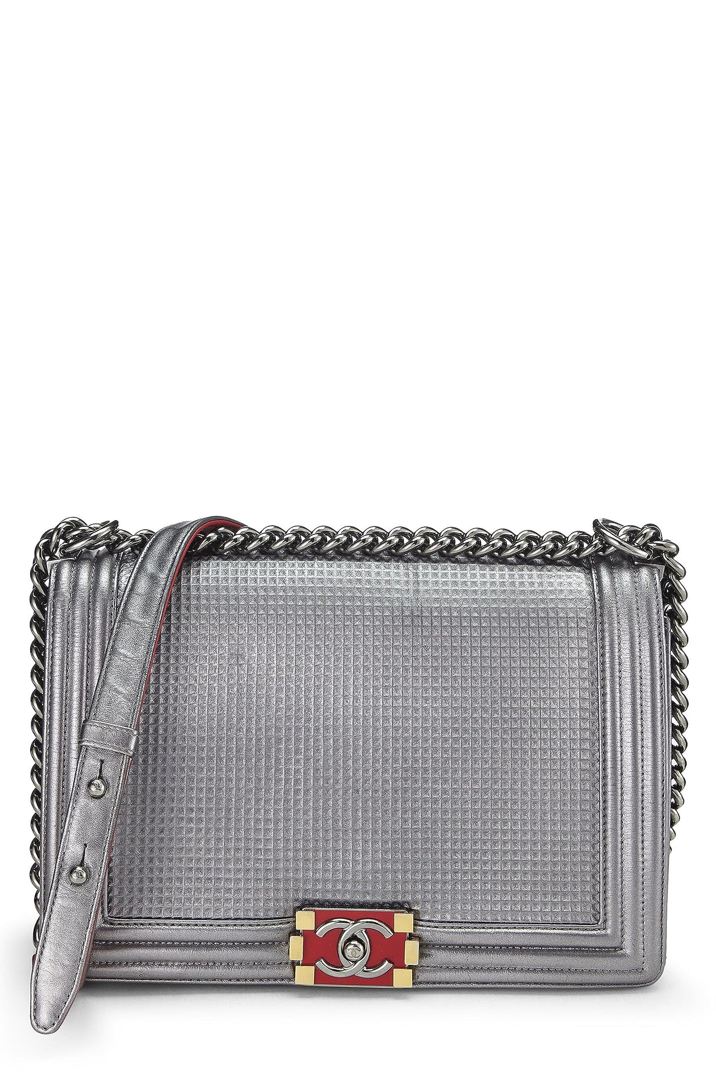 Chanel,  Silver Cube Embossed Calfskin Boy Bag Medium, Silver