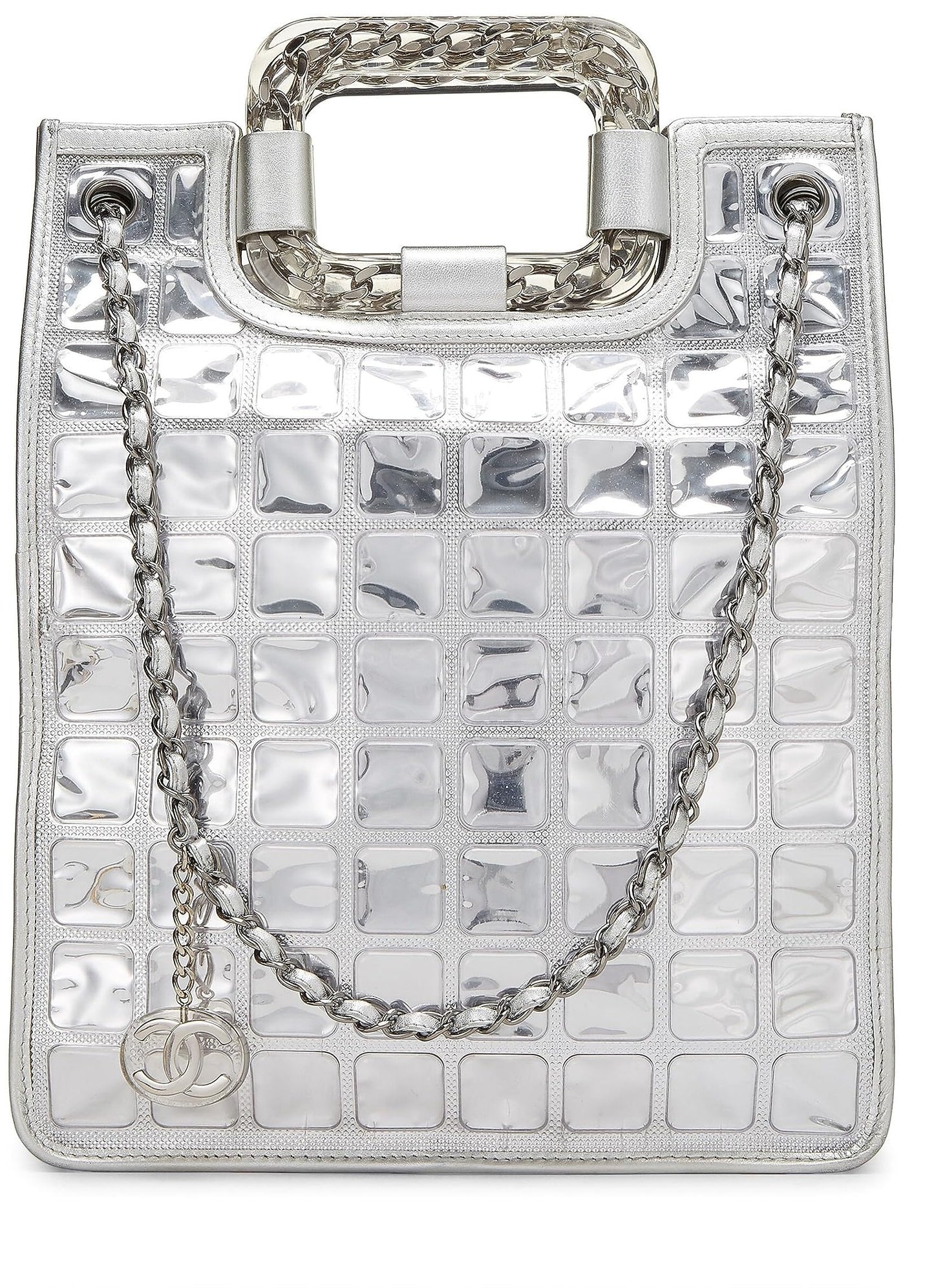 Chanel,  Metallic Silver Quilted Leather Ice Cube Shopping Tote, Silver