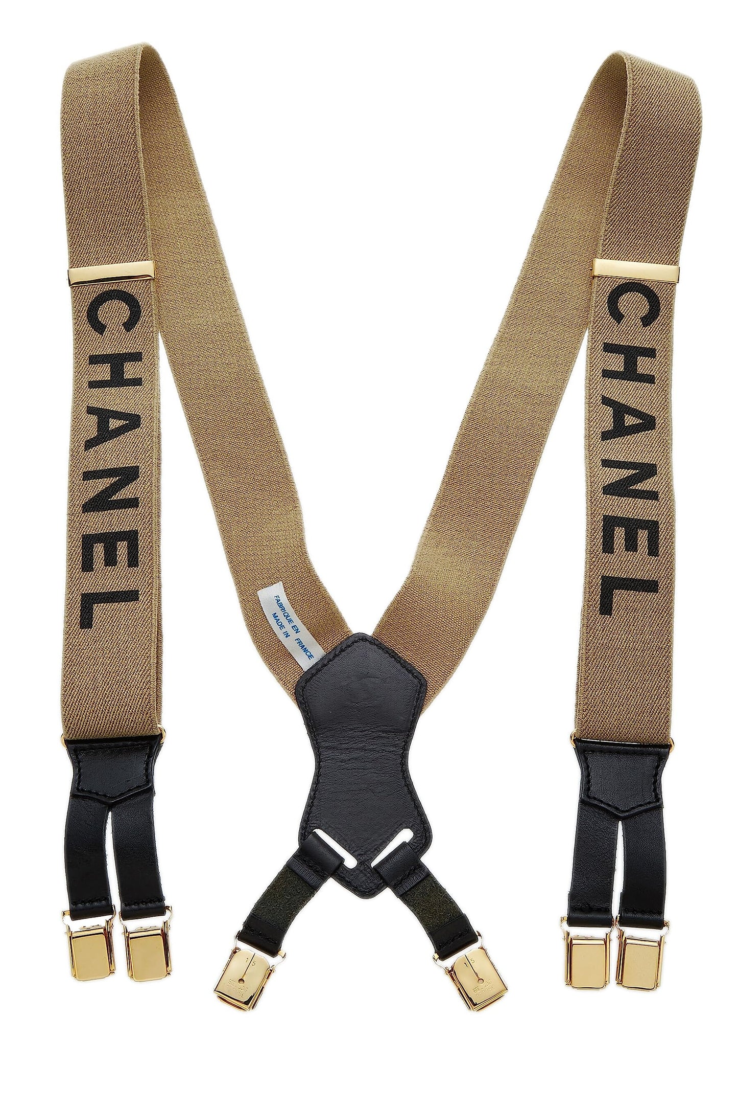 Chanel,  Beige Elastic Logo Suspenders, Beige