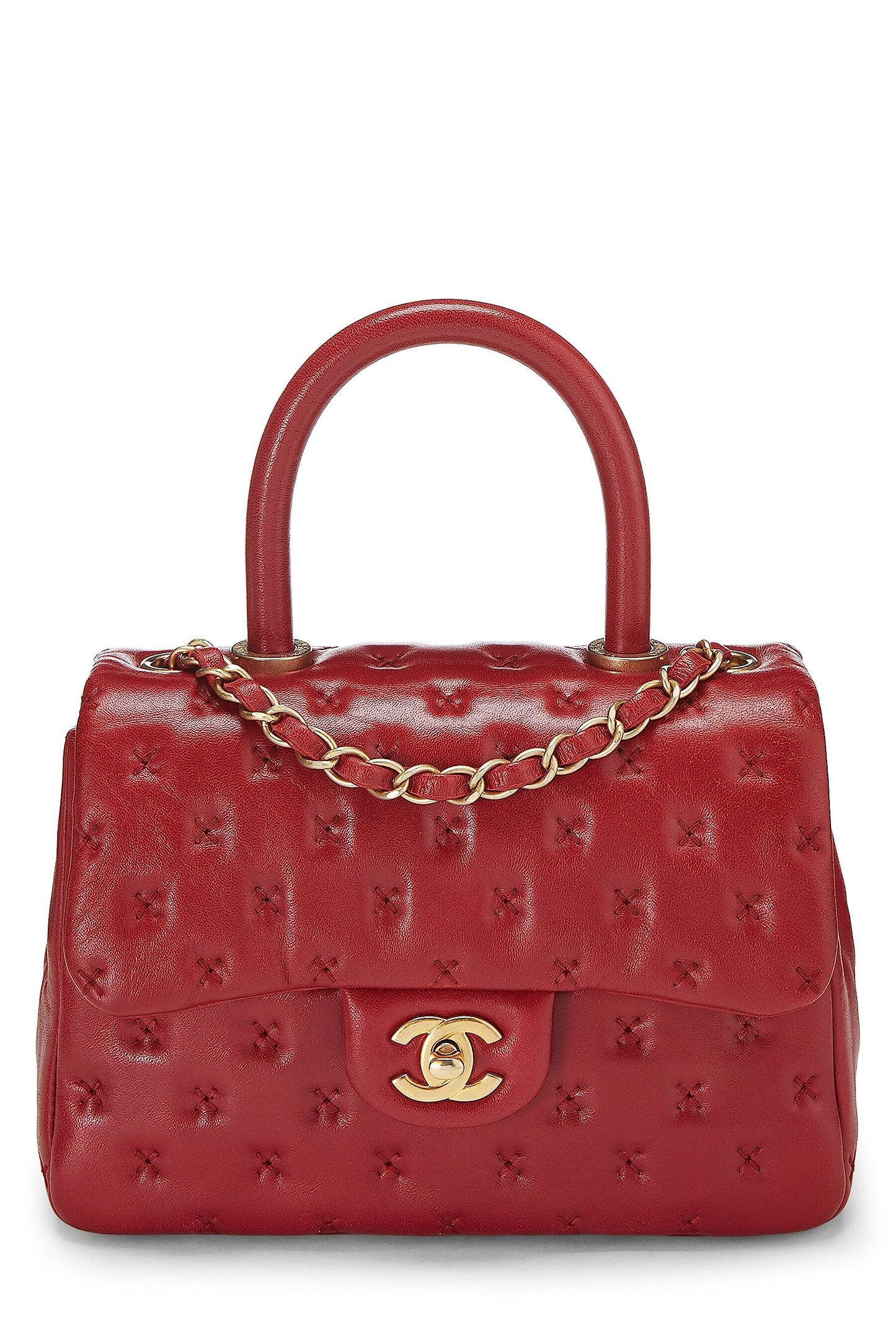 Chanel,  Red Cross Stitch Lambskin Coco Handle Bag Mini, Red