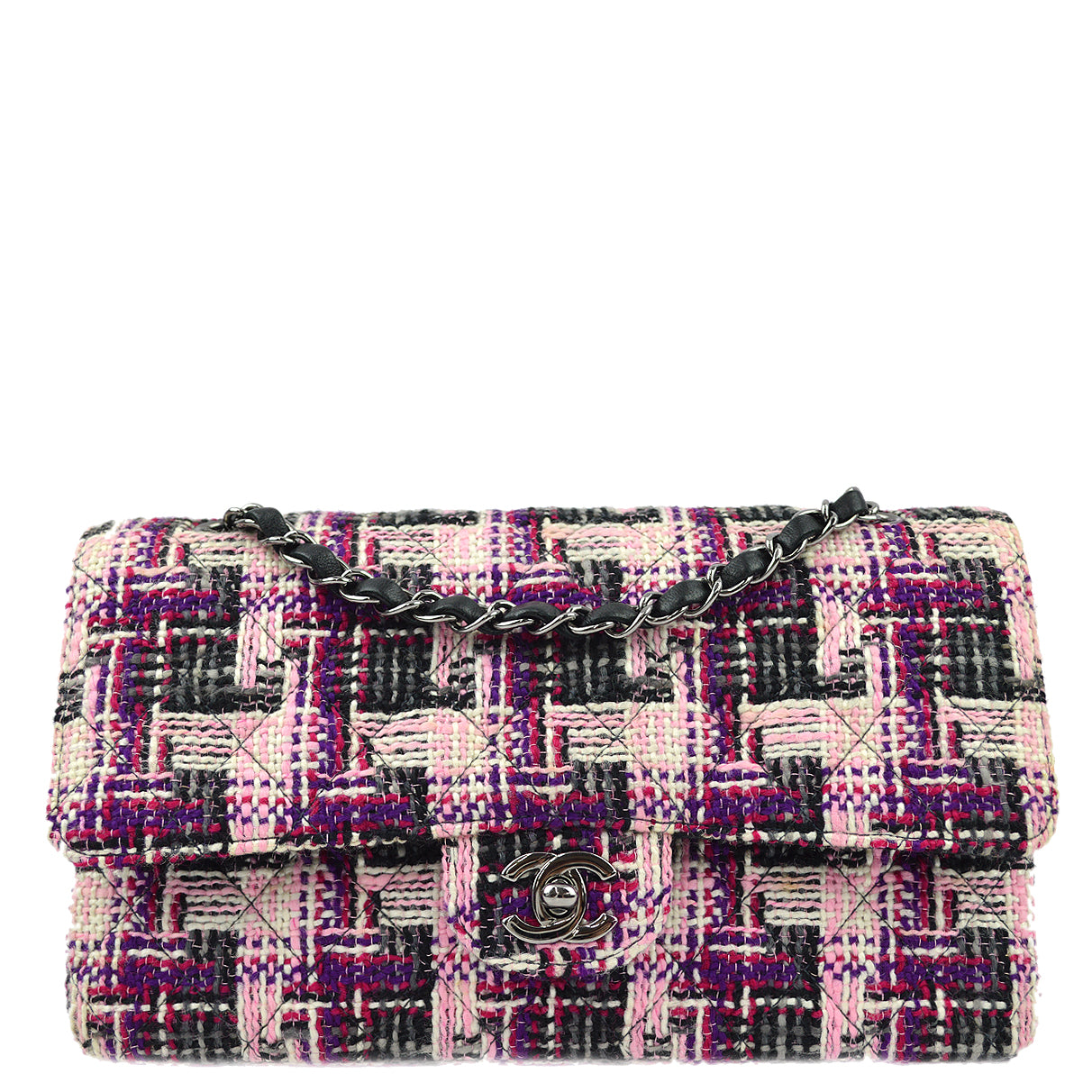 Chanel Pink Tweed Medium Classic Double Flap Shoulder Bag