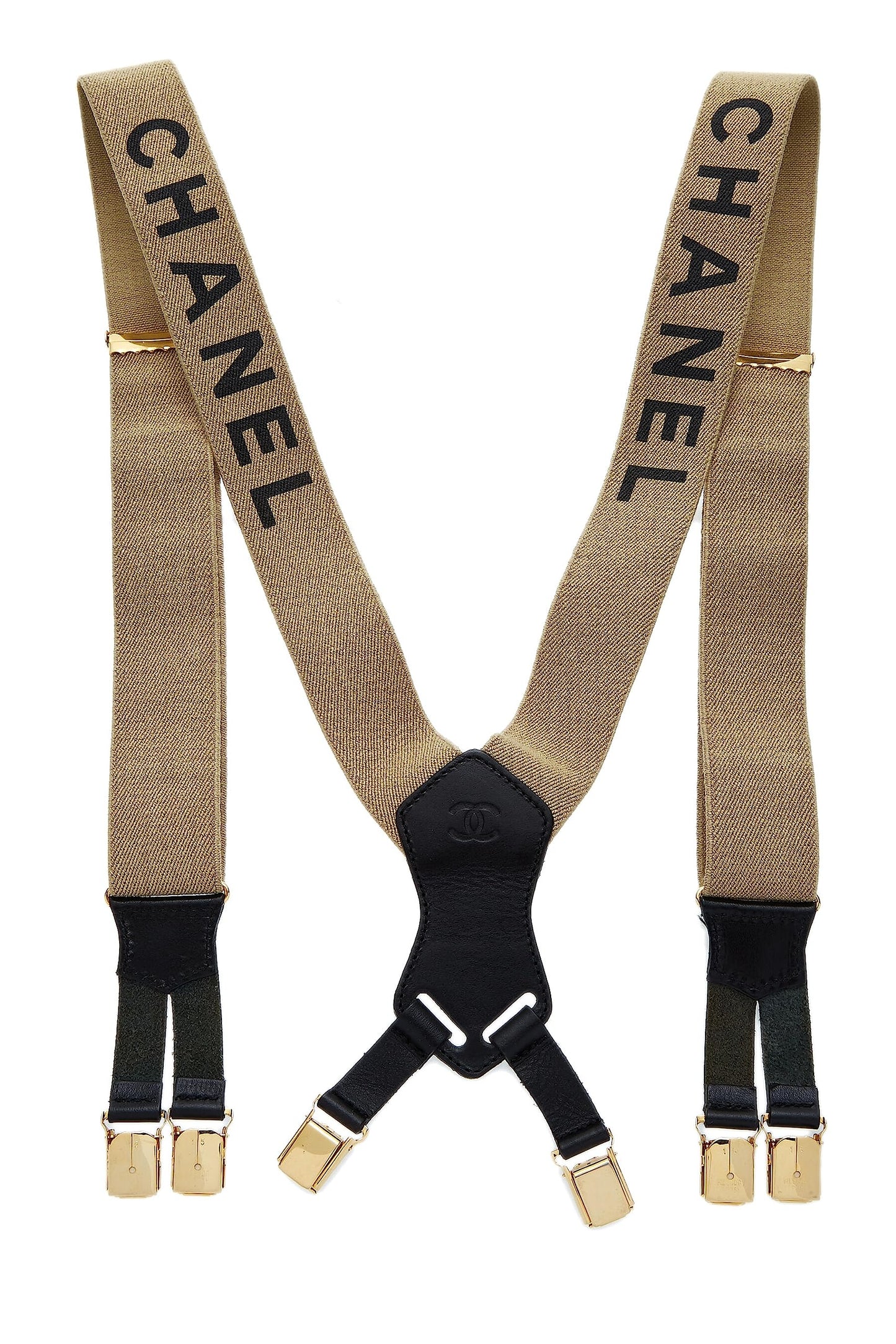 Chanel,  Beige Elastic Logo Suspenders, Beige