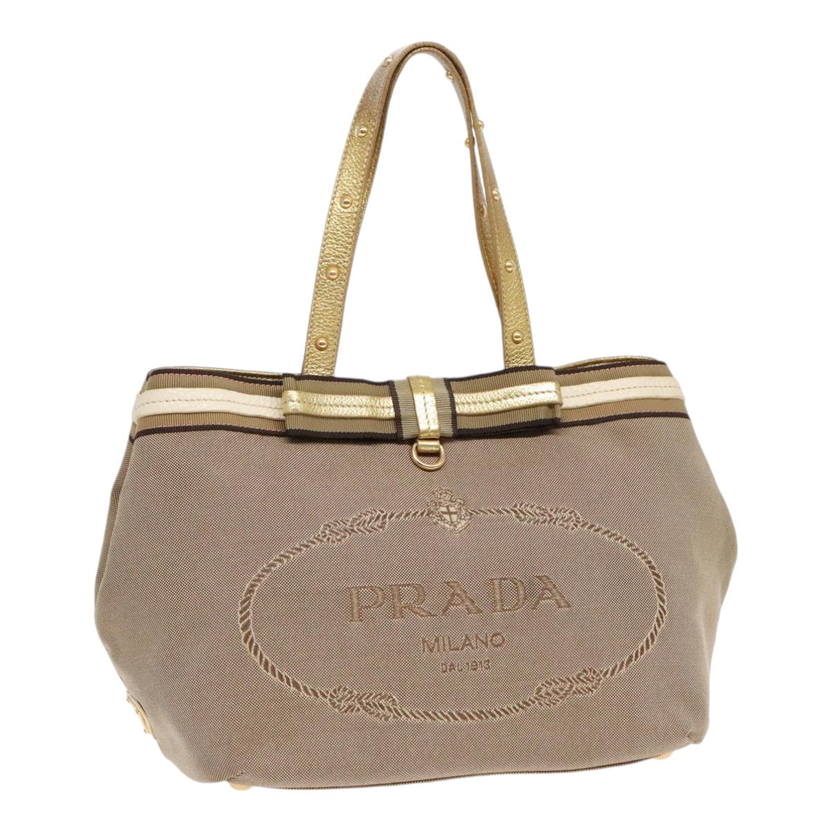 Luxury Prada Hand Bag Canvas Leather Beige Gold  92121