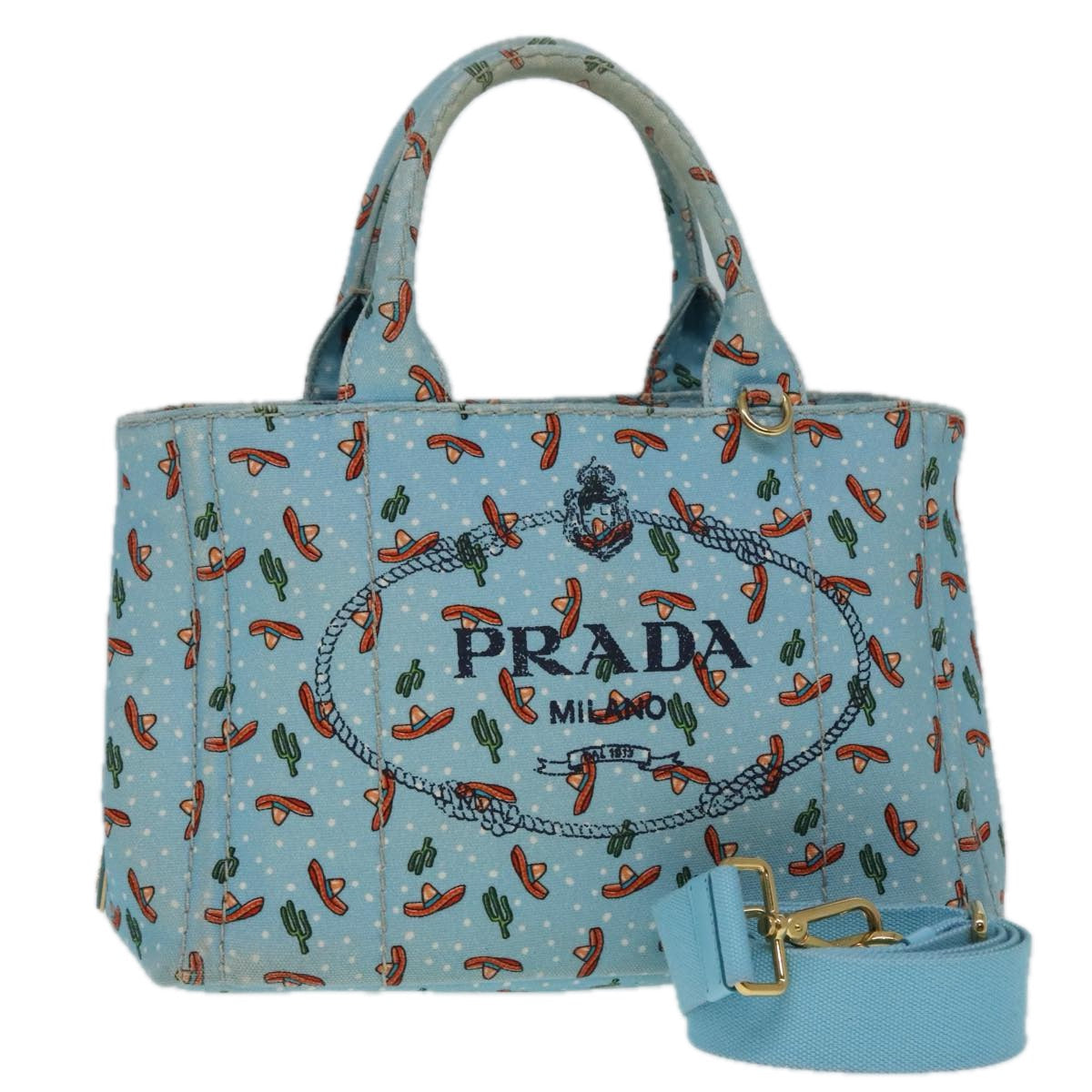 Luxury Prada Canapa PM Hand Bag Canvas 2way Light Blue Gold  92123