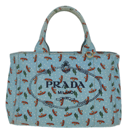 Luxury Prada Canapa PM Hand Bag Canvas 2way Light Blue Gold  92123