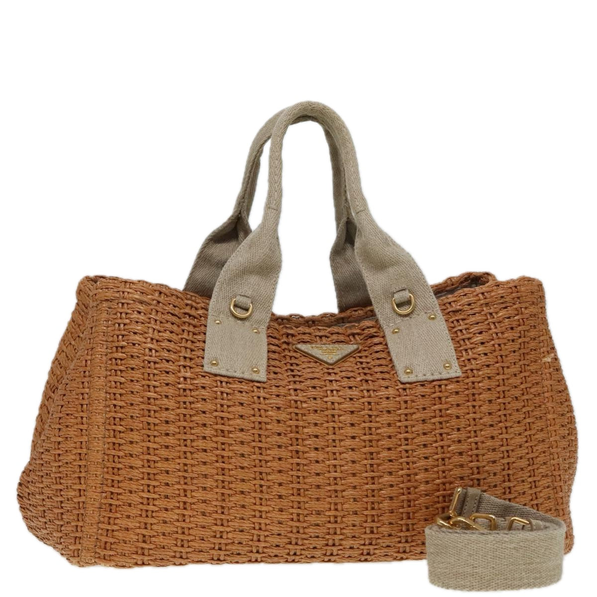 Luxury Prada Canapa GM Hand Bag Raffia 2way Beige Gold  92125