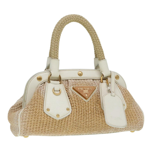 Luxury Prada Hand Bag Straw Beige White Gold  92126