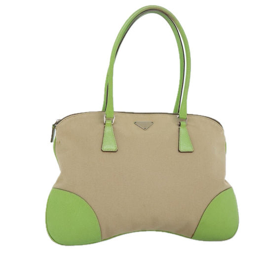 Luxury Prada Hand Bag Canvas Beige Green Silver  92186