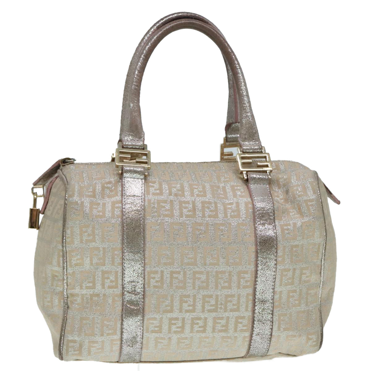 Luxury Fendi Zucchino Canvas Hand Bag Silver Beige Gold92437