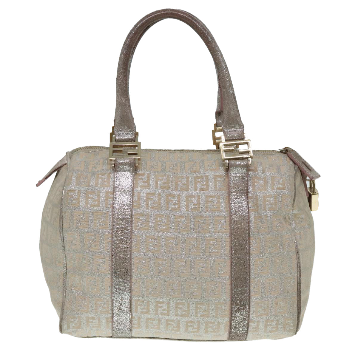 Luxury Fendi Zucchino Canvas Hand Bag Silver Beige Gold92437