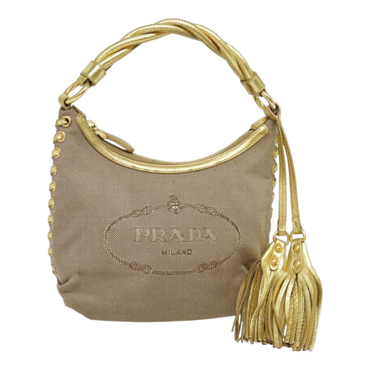Luxury Prada Hand Bag Canvas Leather Beige Gold  92497